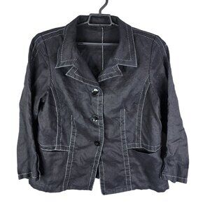 Womens Black Linen Blazer Jacket With White Stitching Button Down Size XL